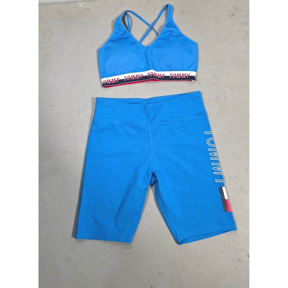 Tommy Hilfiger Sport Blue Logo Biker Shorts and Sports Bra Set Womens Large - Picture 2 of 8